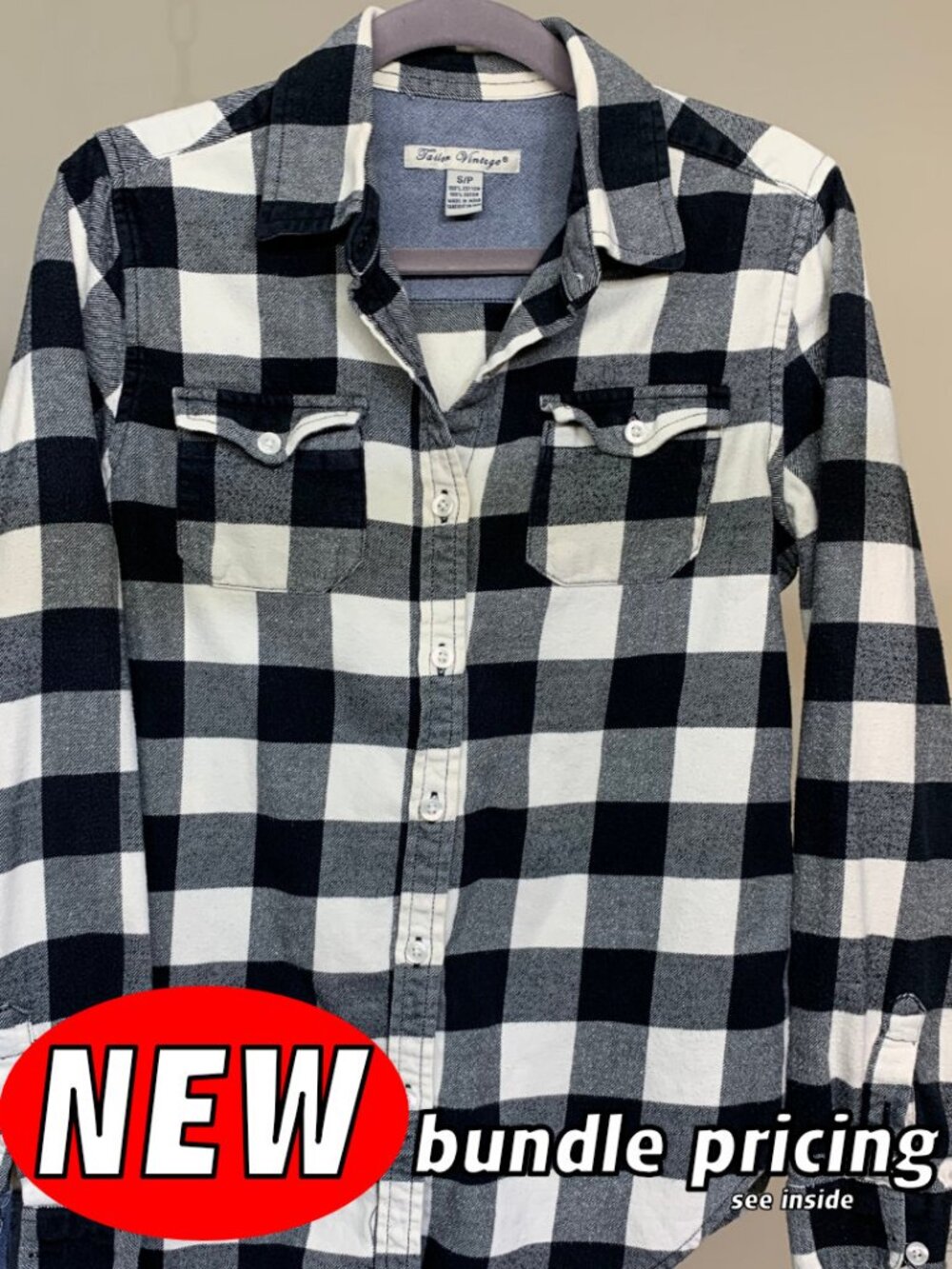 Tailor Vintage Black & White Button Up Flannel Shirt Size S